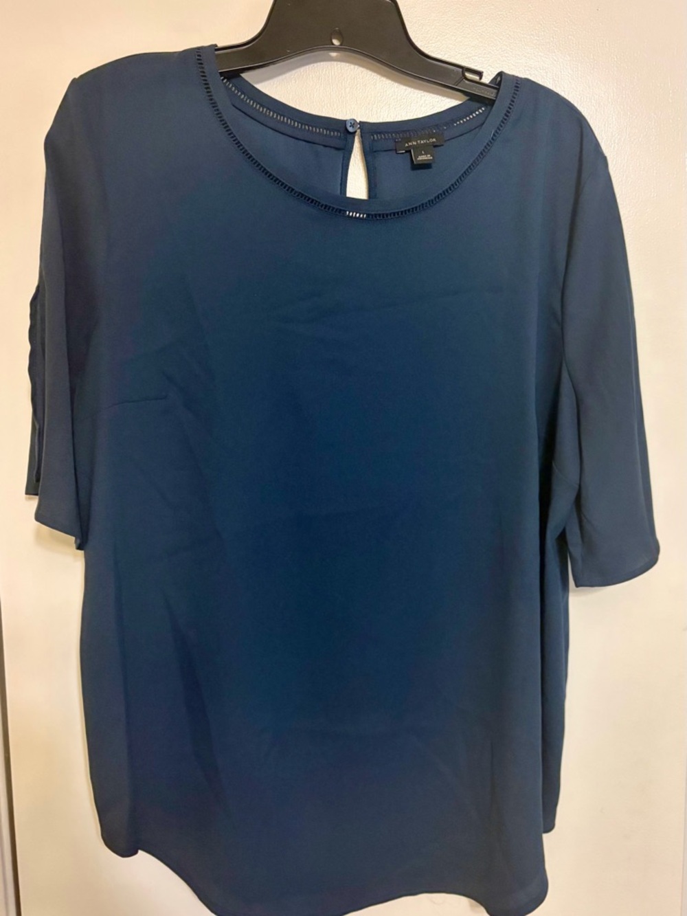 Ann Taylor Navy Short-Sleeve Keyhole Blouse